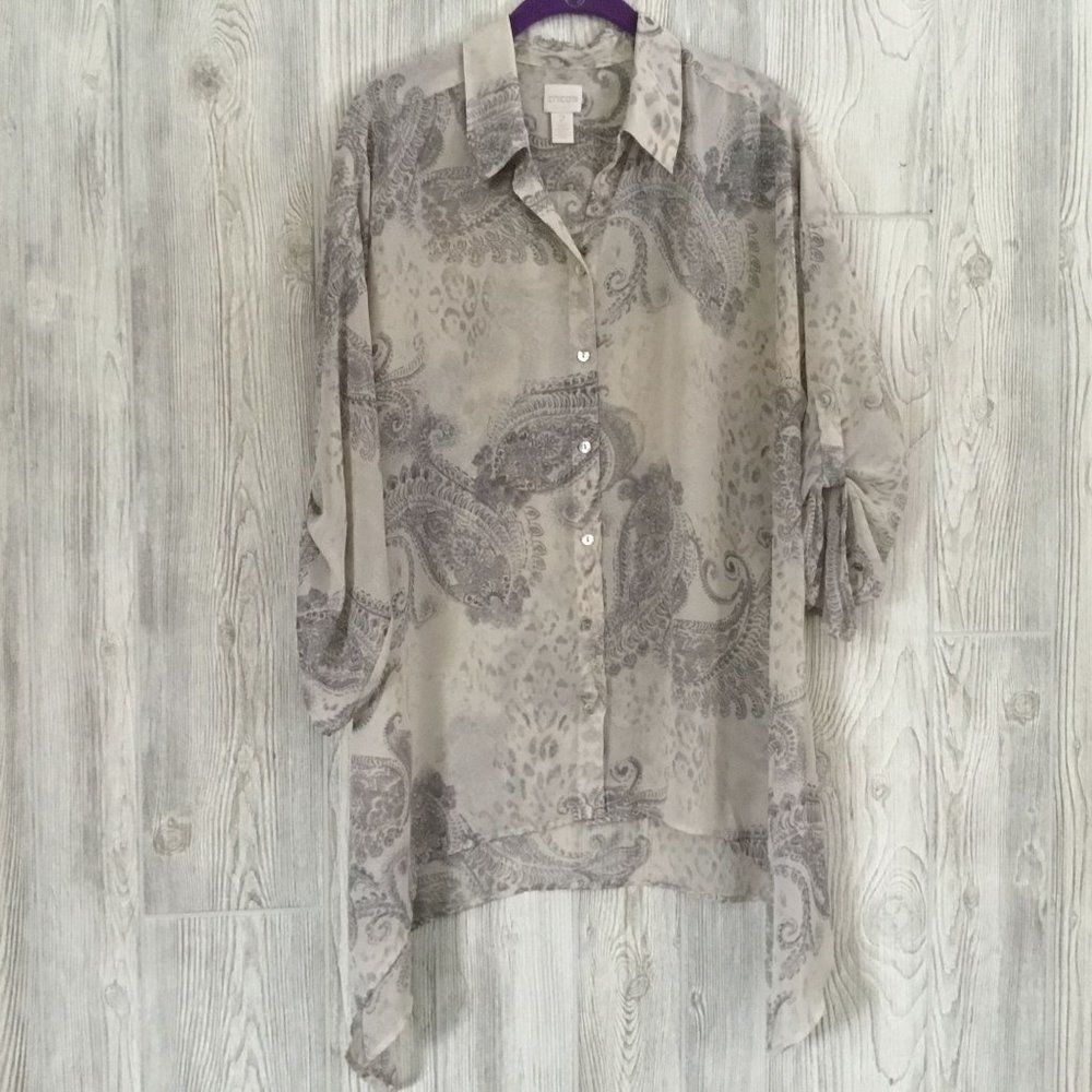 Chico's Cream Gray Paisley Sheer Button Front Blouse